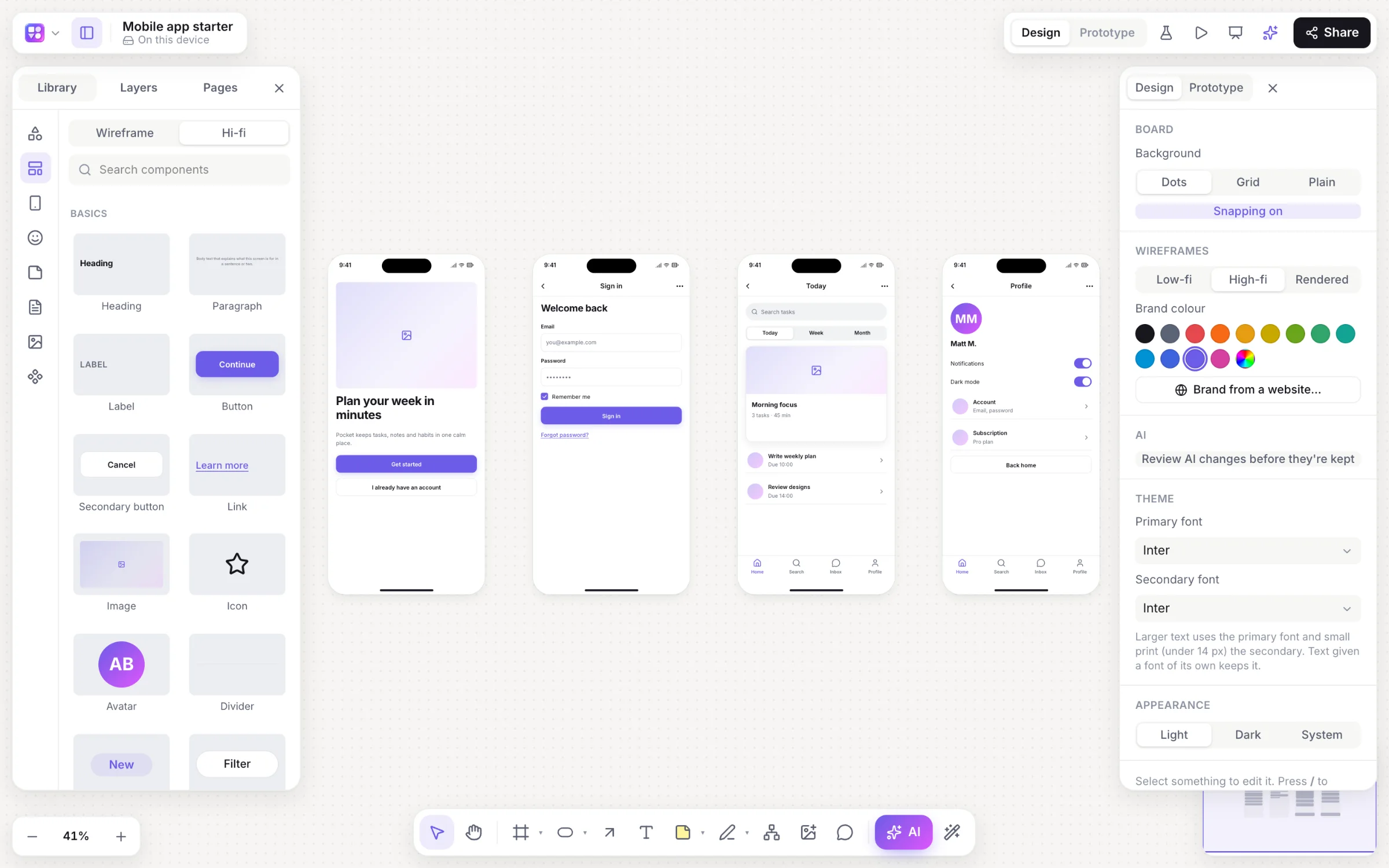 The Builderii editor: the component library on the left, four linked phone screens of a planner app on the canvas, and the inspector with fidelity, brand colour and theme fonts on the right.