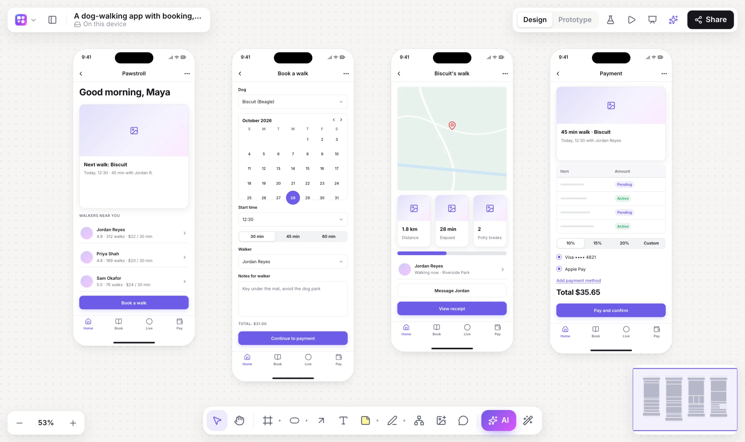 Phone screens for a dog-walking app that Builderii's AI built from one prompt.