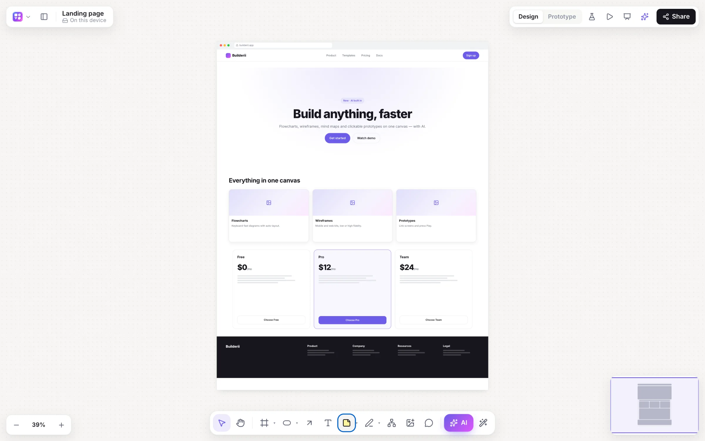 A landing page wireframe in a browser frame: navigation, hero, feature cards, pricing and footer.
