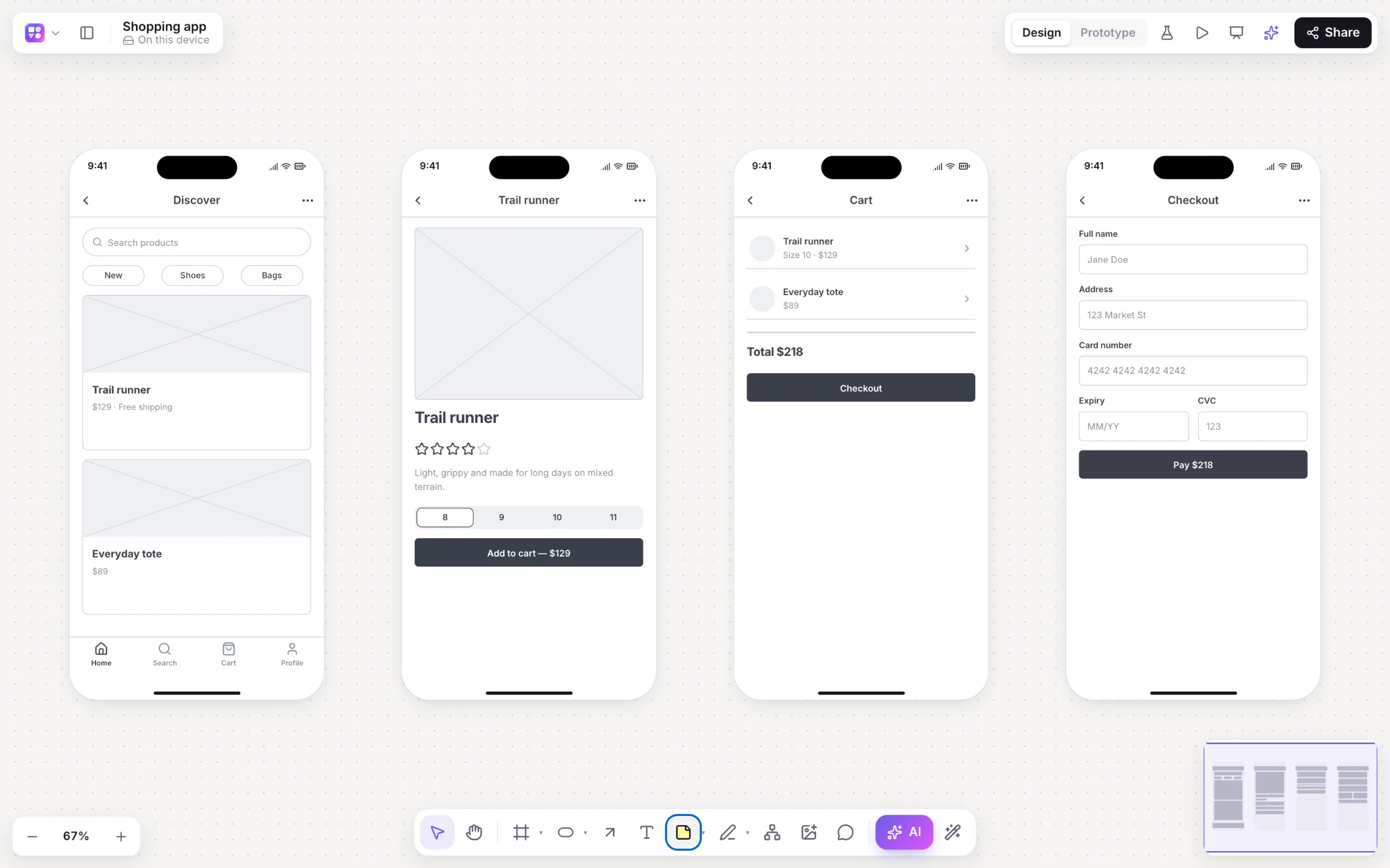 Four shopping app screens as low-fidelity grey wireframes.