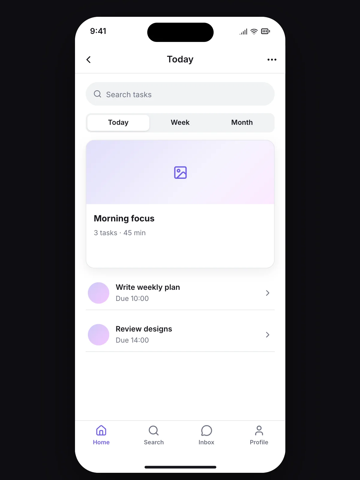 The prototype player showing the Today screen of a planner app.