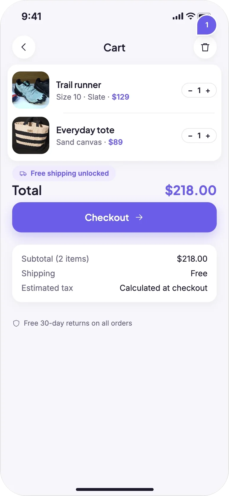Rendered cart: the trail runner and the tote with quantity steppers, a total of $218 and a Checkout button.