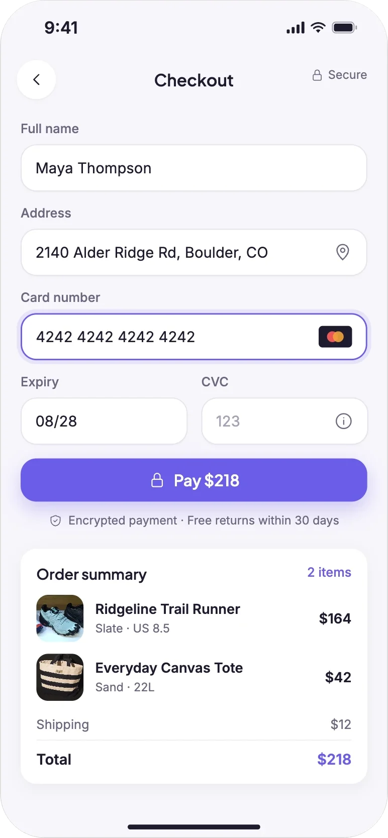 Rendered checkout: name, address and card fields, a Pay $218 button and an order summary with product photos.