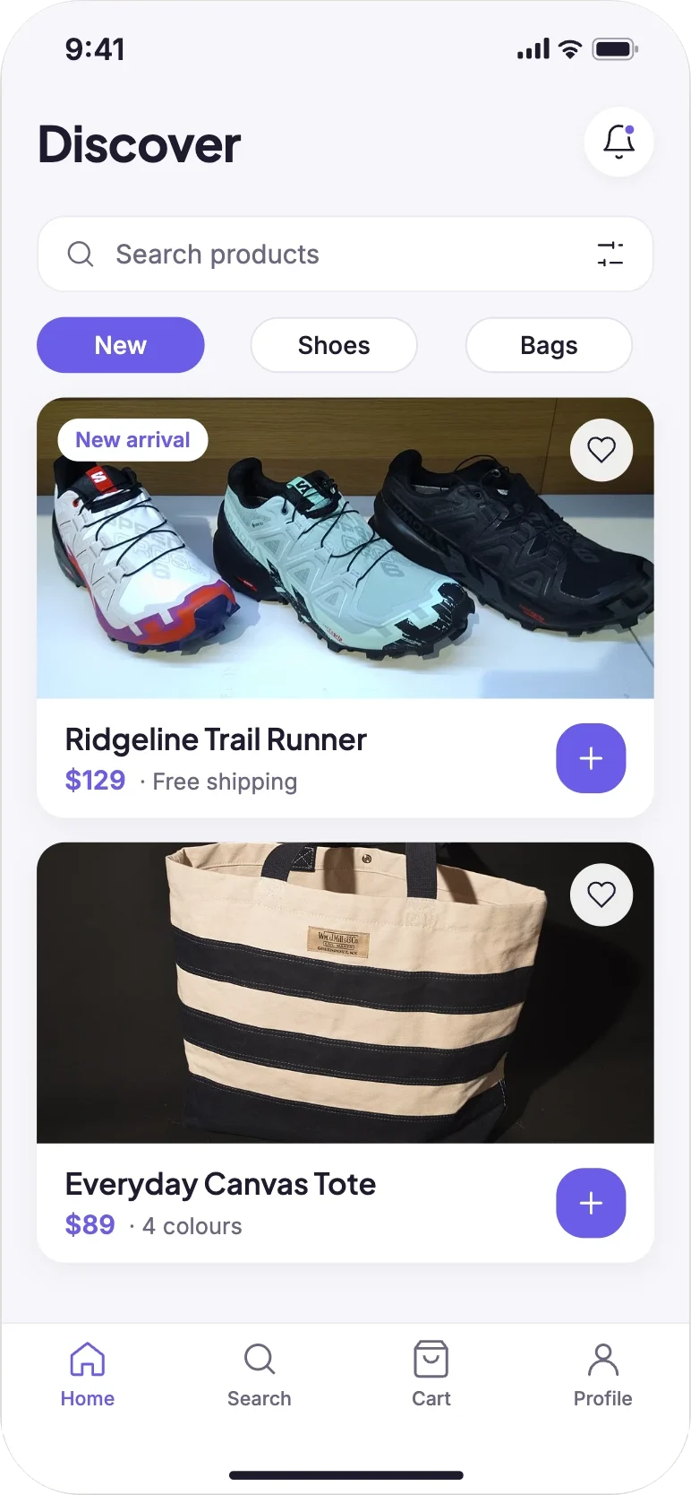 Rendered Discover screen: search, category chips, and product cards with real photos of trail runners and a striped canvas tote.
