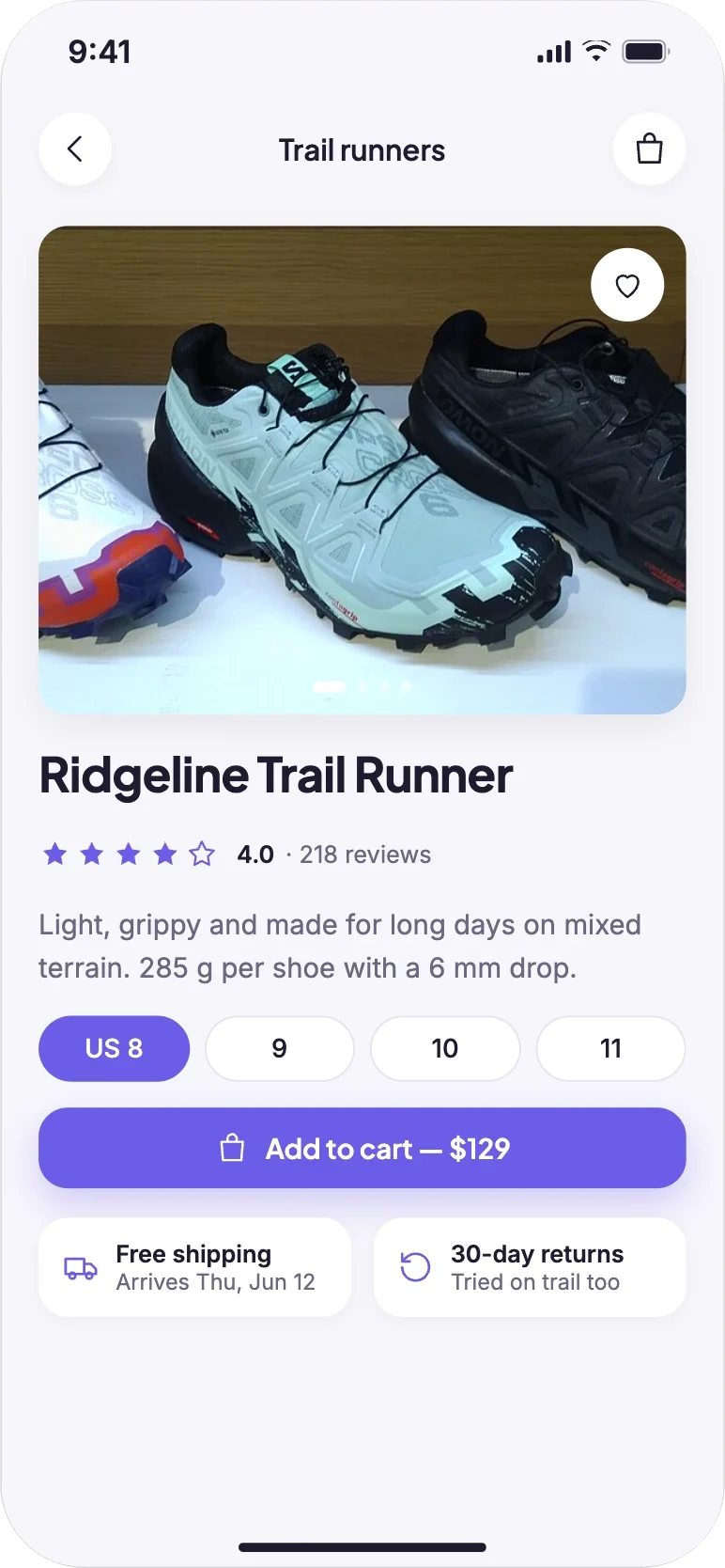 Rendered product screen for the Ridgeline Trail Runner: a large photo, star rating, size picker, Add to cart button, shipping and returns.